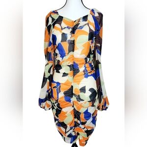 ✨Boutiqua Orange,Cream, Sage Blue Bodycon Runched Dress with Bishop Sleeves